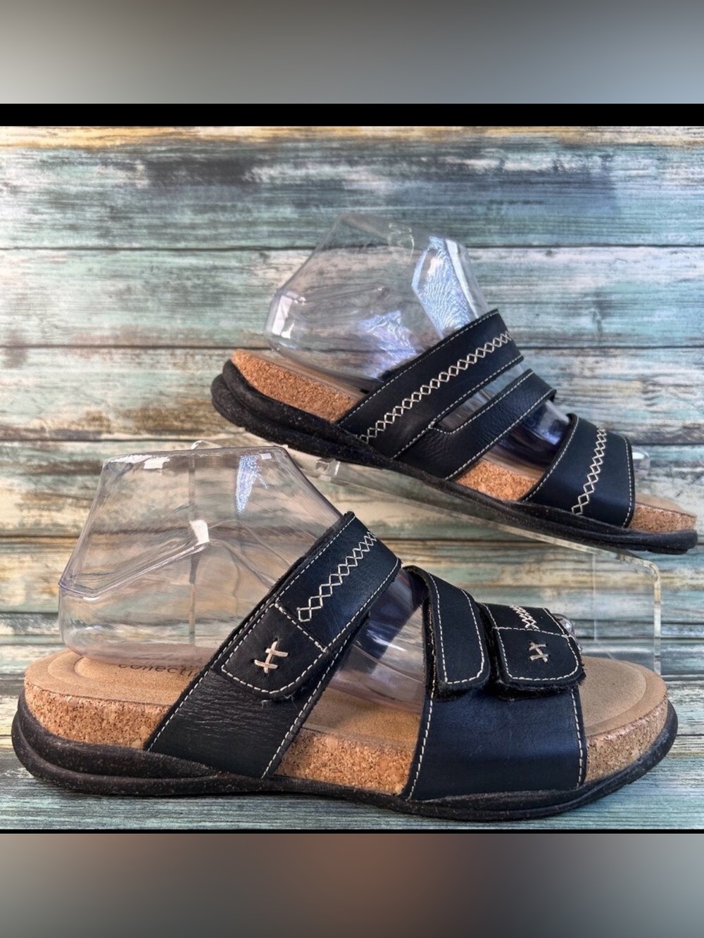 Clarks Roseville Bay Slide Sandal Sz 9M Black Leather Casual Wedge Hook & Loop
